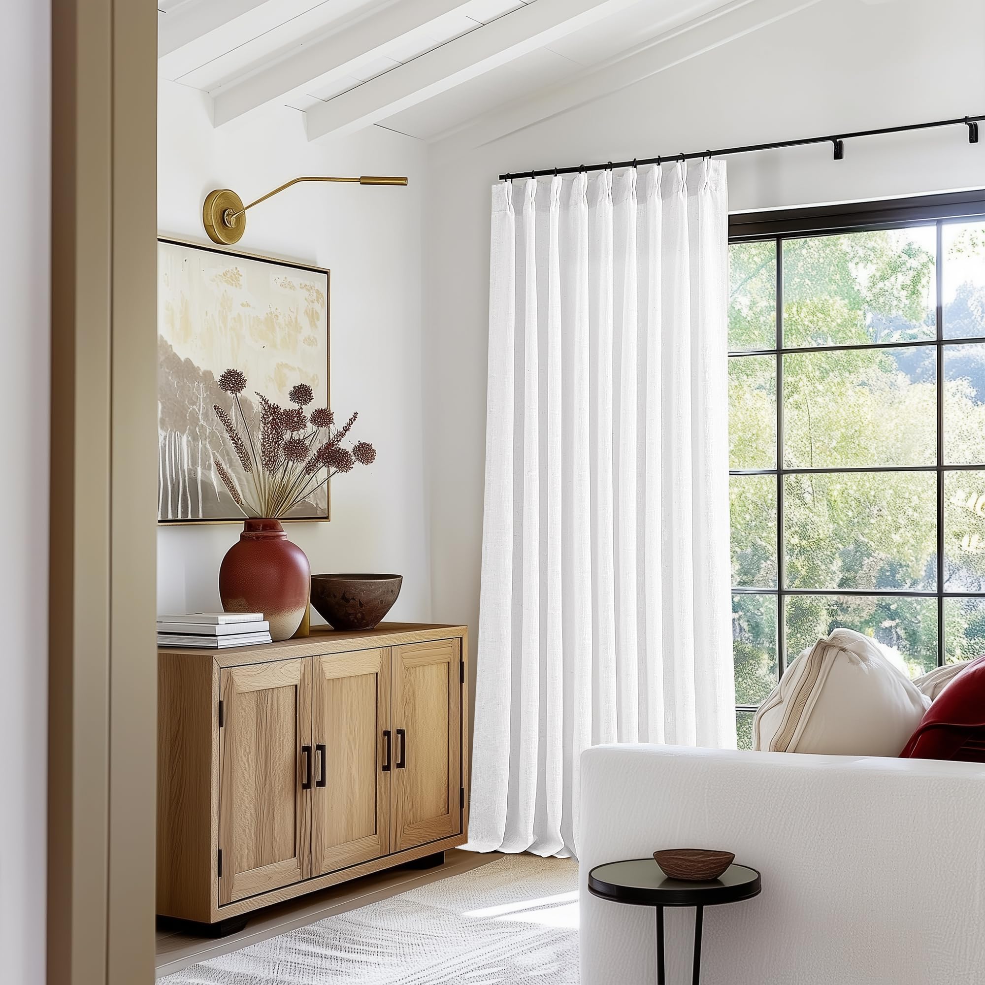 Photo 1 of TWODRAPES 60 Inch Width Curtains 90 Inches Long Linen Curtains Pinch Pleated 90 Inch Length for Living Room Bedroom White Semi Sheer Back Tab Hooks Rings Pinch Pleat for Patio Glass Door 1 Panel