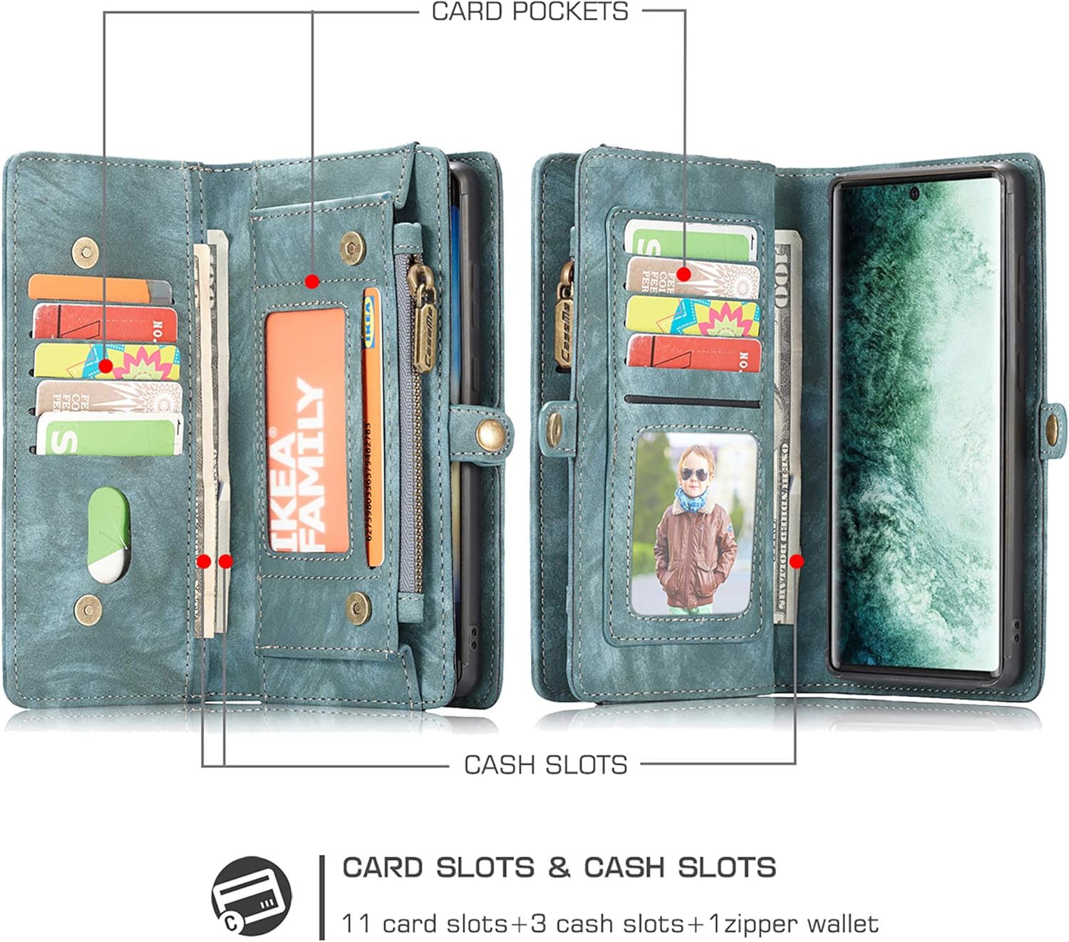 UFinetech 2-in-1 Stylish Samsung Galaxy Note 20 Case Wallet Magnetic Detachable Luxury Leather TPU Card Holder Flip with Lanyard Zipper Carrying Purse Cover for Samsung Galaxy Note 20 5G 2020 Blue - Image 3