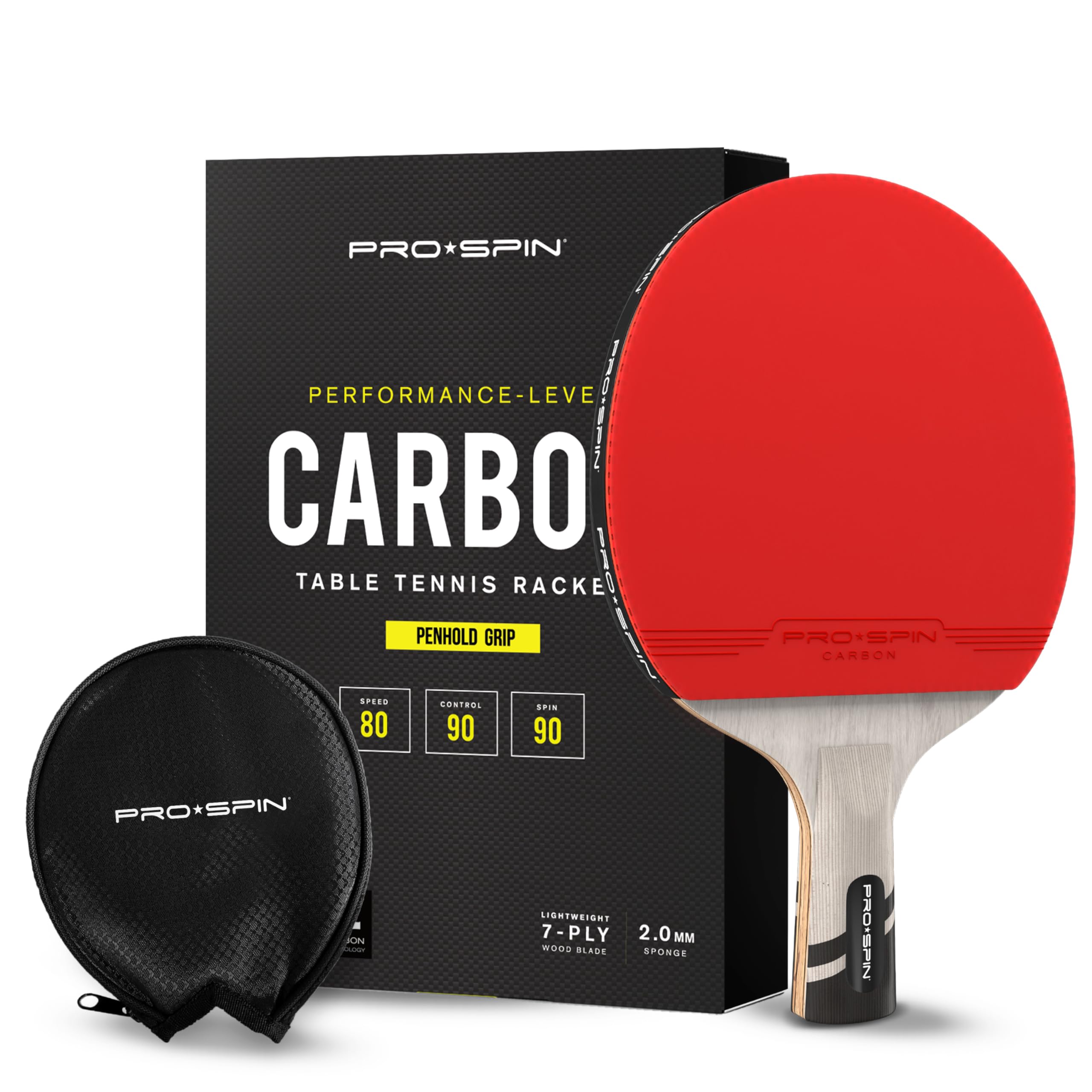 PRO-SPIN Table Tennis Bat with Carbon Fibre | Penhold Grip | Elite Series 7-Ply Blade, Premium Rubber, 2.0mm Sponge & Rubber Protector Case