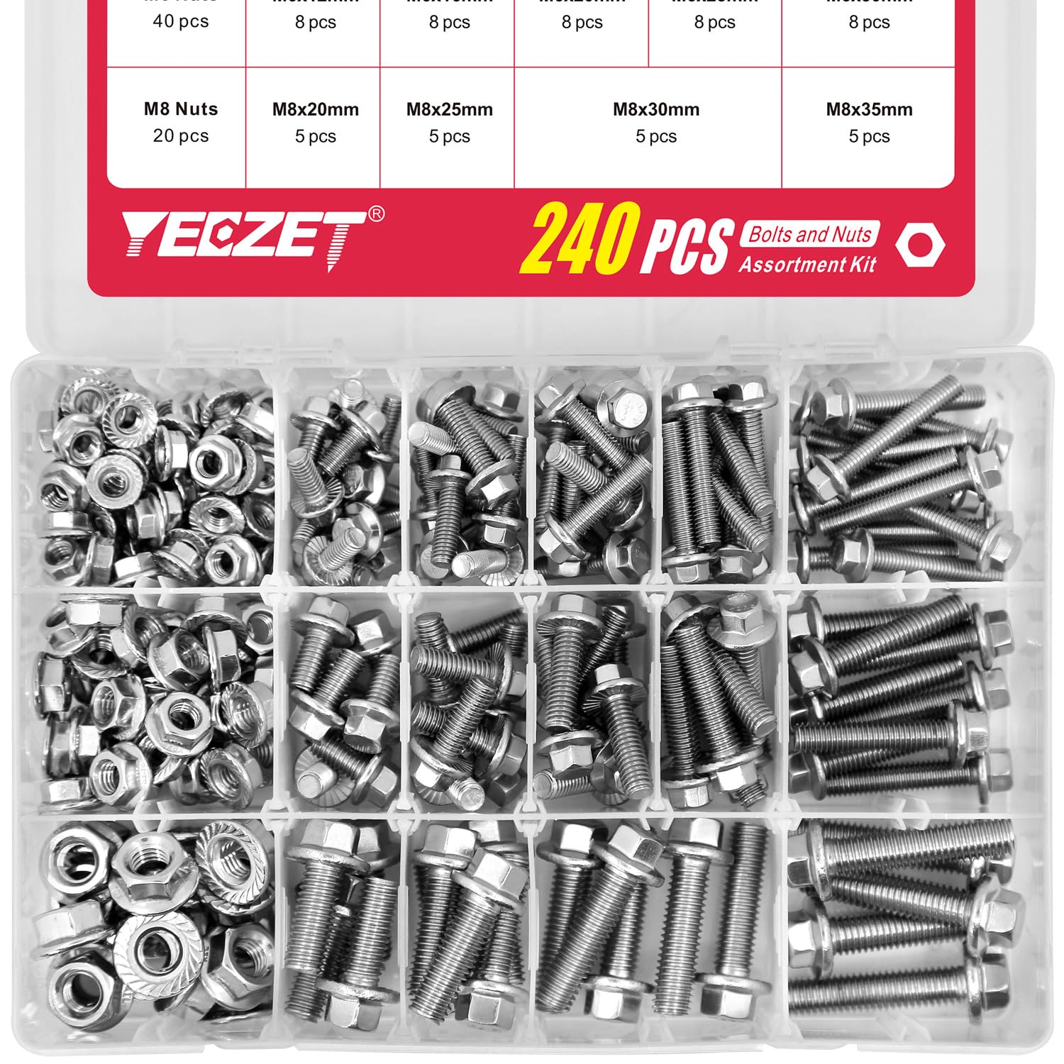 Photo 1 of YEEZET 240PCS M5 M6 M8 Flanged Bolts and Nuts Kit,Stainless Steel 304 Metric Flanged Hex Screws Nuts Includes 14 Most Common Sizes
