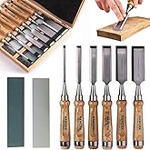 HAWERK Wood Chisel Set - Wood Carving Chisels with Premium Wooden Case - Includes 6 pcs Wood Chisels & 2 Sharpening Stones