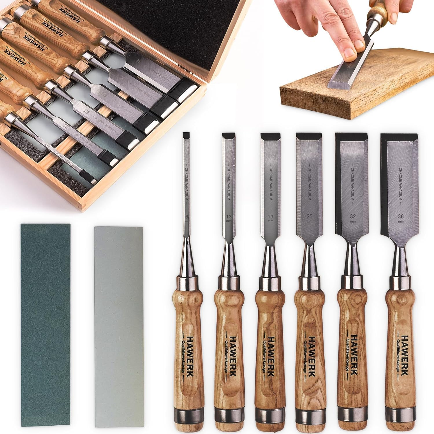 HAWERK Wood Chisel Set - Wood Carving Chisels with Premium Wooden Case - Includes 6 pcs Wood Chisels & 2 Sharpening Stones Image