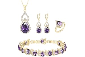 Mayfox Bridal Cubic Zirconia Open Ring Bracelet Necklace Dangle Earrings Set, Waterdrop Oval Birthstone Wedding Jewelry Set for Bride, Valentine's Day/Mother's Day/Thanksgiving/Christmas/Birthday Gifts for Girlfriend/Lady/Wife/Mother