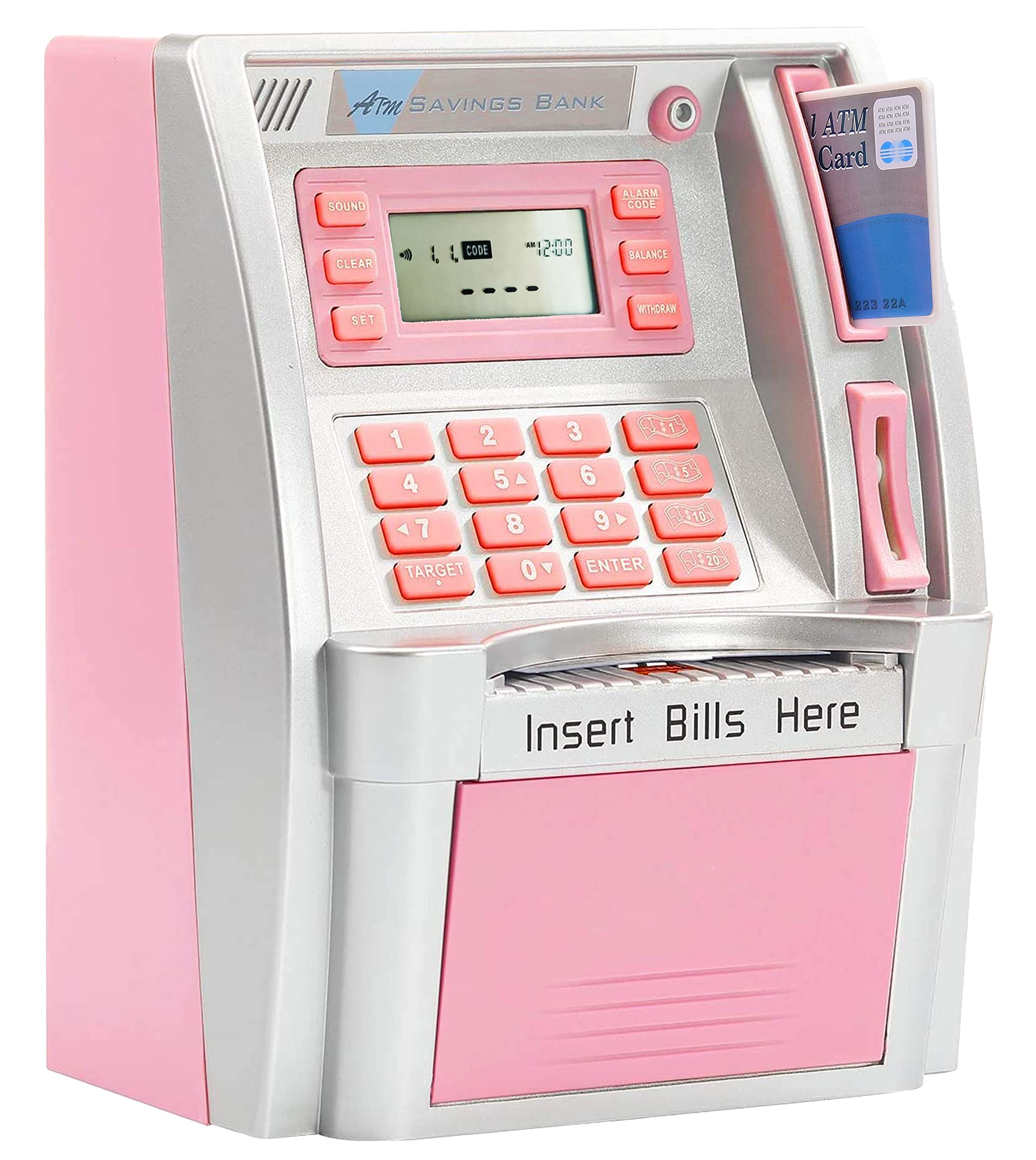 YaBao Pounds Version Electronic ATM Savings Bank Digital Piggy Money Bank Machine,Electronic Cash Box with Debit Card,Password Login,Voice Prompt,Coin Recognition,Targets Setting (Silver/Pink)