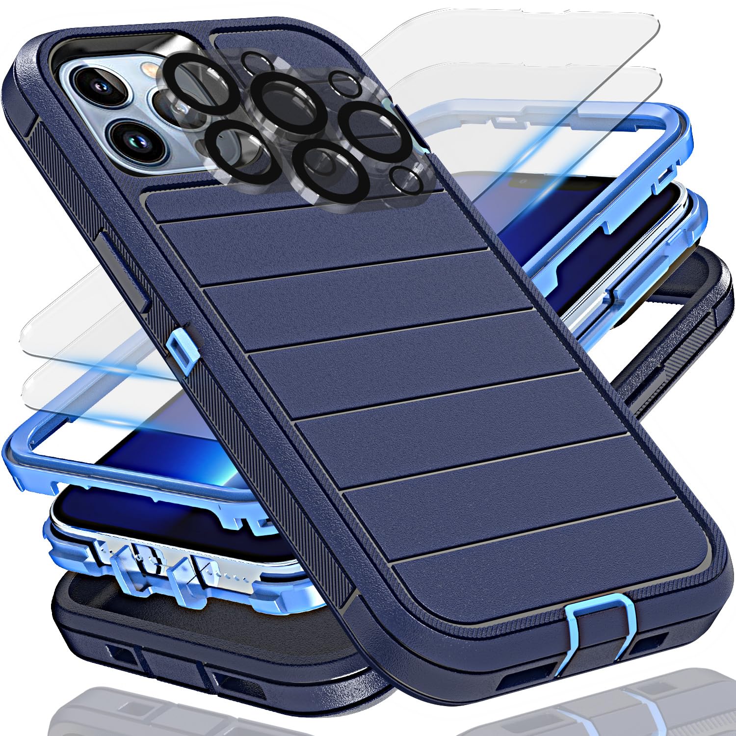 YmhxcY for iPhone 13 Pro Max Case, 2X Glass Screen and Camera Protector, 3 in 1 Heavy Duty Shockproof Drop Protection Stripe Rubber Cover for 13 Pro Max 6.7"-Dark Blue