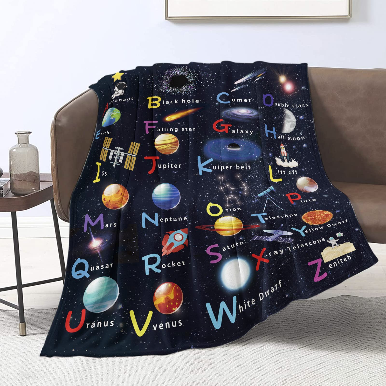 Domgoge Alphabet Blanket for Boys Girls Astronaut Blankets Kids ABC Planet Throw Outer Space Spaceship Rocket Solar System Soft Flannel Fleece Galaxy School Nap, 101cm x 127cm, Blue Alphabet