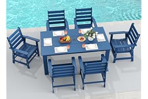 GREENVINES 7-Piece Outdoor Dining Set | HDPE | Patio Table and Chairs Sets for 6 | Patio Furniture | All Weather | Umbrella Hole | Blue| for Backyard Poolside Garden
