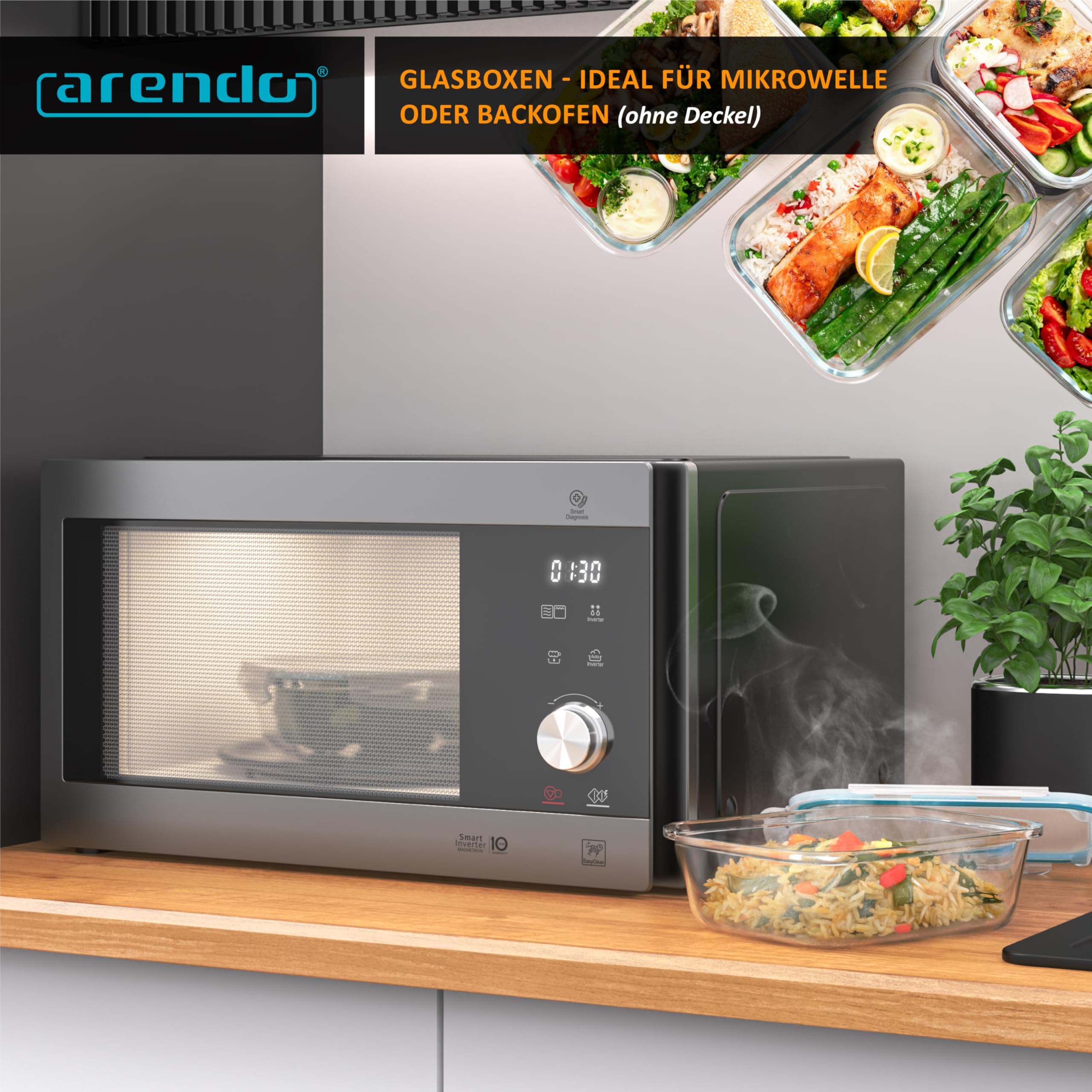 Arendo - Glas Lunchboxen Frischhaltedosen für Lebensmittel mit Deckel luftdicht - 5er Set - 1050 ml - für Mikrowelle Ofen Gefrierschrank - Spülmaschinen geeignet - Vorratsdosen Meal Prep Boxen Set 7