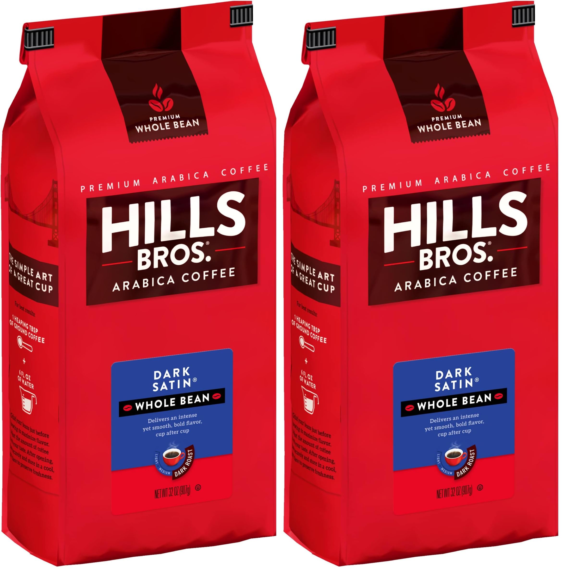 Hills Bros Dark Satin Whole Bean Coffee – Dark Roast Arabica Beans – Full-Bodied Dark Blend with Bold Flavor and Smooth Finish (32 Oz. Bag) (Pack of 2)