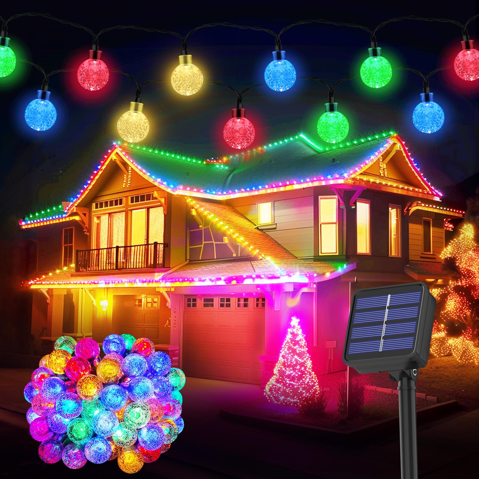 Solar String Lights Outdoor, 43.3Ft 60LED, Waterproof 8 Mode Crystal Ball Lights Decorative for Garden, Yard, Parties(Memory Function+Multicolor)