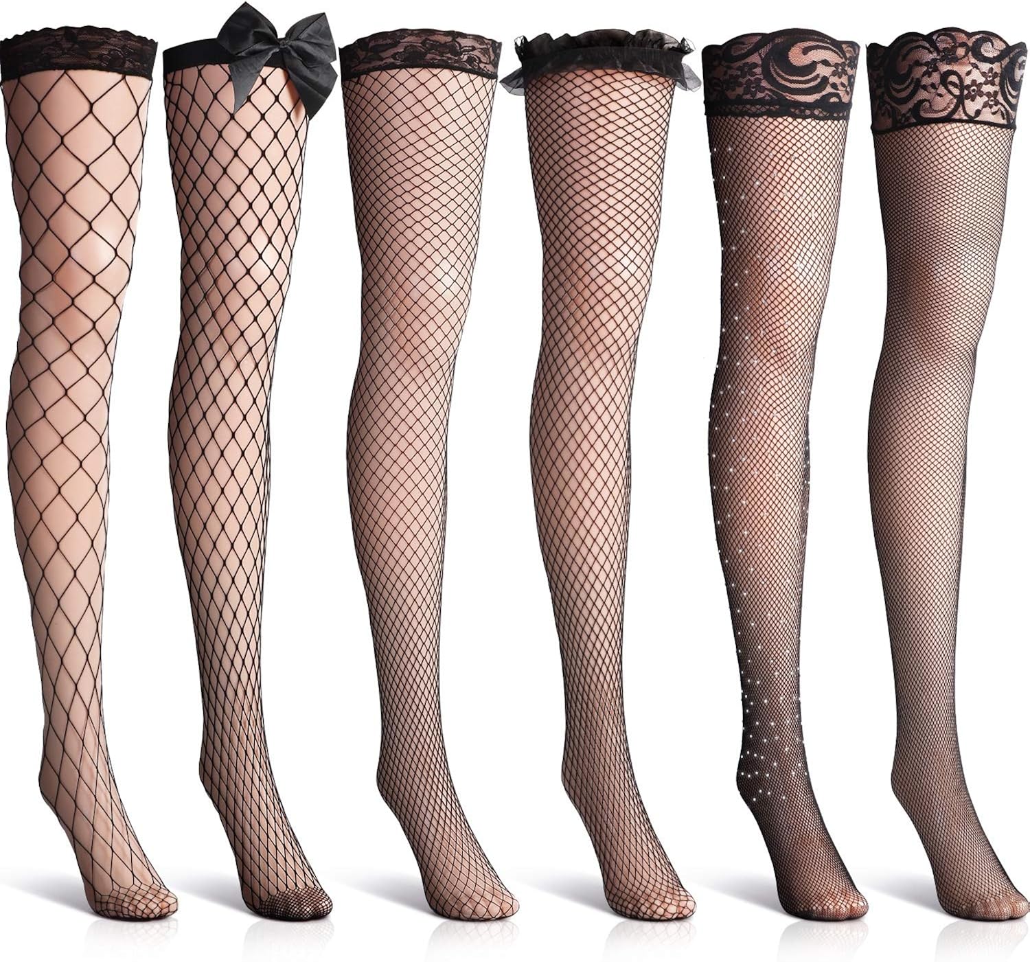 6 Pairs Fishnet Thigh High Stocking Black Lace Top Over the Knee Stocking Rhinestone Bow: Clothing