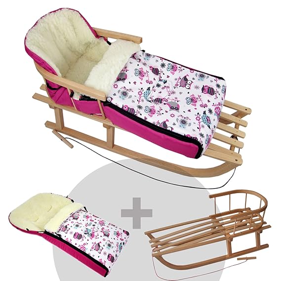 BAMBINIWELT Kombi-Angebot Holz-Schlitten mit Rückenlehne & Zugseil + universaler Winterfußsack (108cm), auch geeignet für Bab