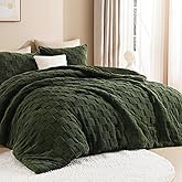 Litanika Fluffy Queen Size Comforter Set Olive Green, 3 Pieces Warm Sherpa Fleece Winter Bedding Set, Jacquard Checkered Plush Fuzzy Blanket Bed Set(1 Comforter, 2 Pillowcases)