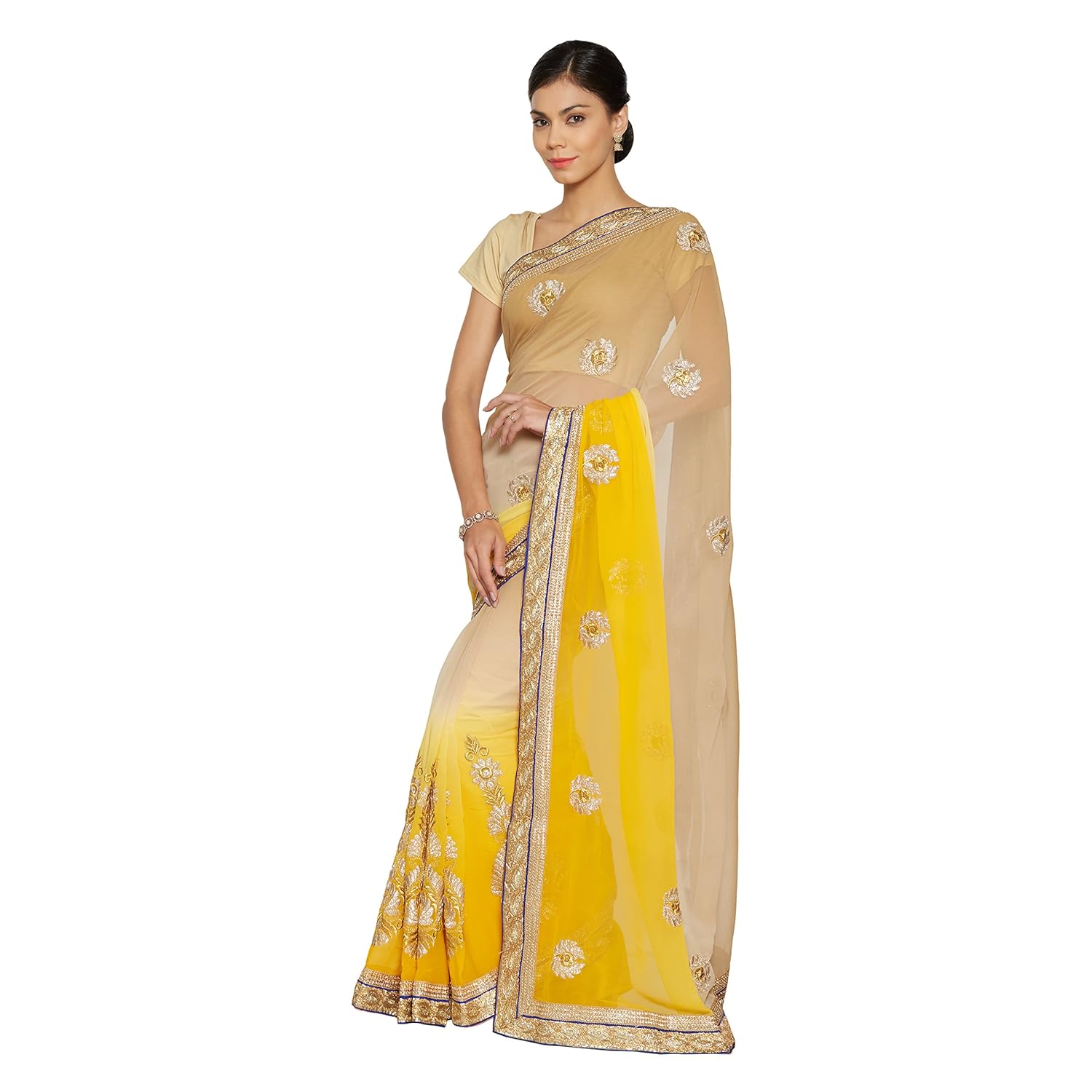 florence chiffon saree with blouse piece (fl-12159_yellow_free size)