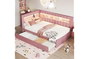 Siemd Daybed with Trundle & Storage Shelves, Upholstered Twin Size Bed Frame with USB & LED, Platform Sofa Bed for Living Roo