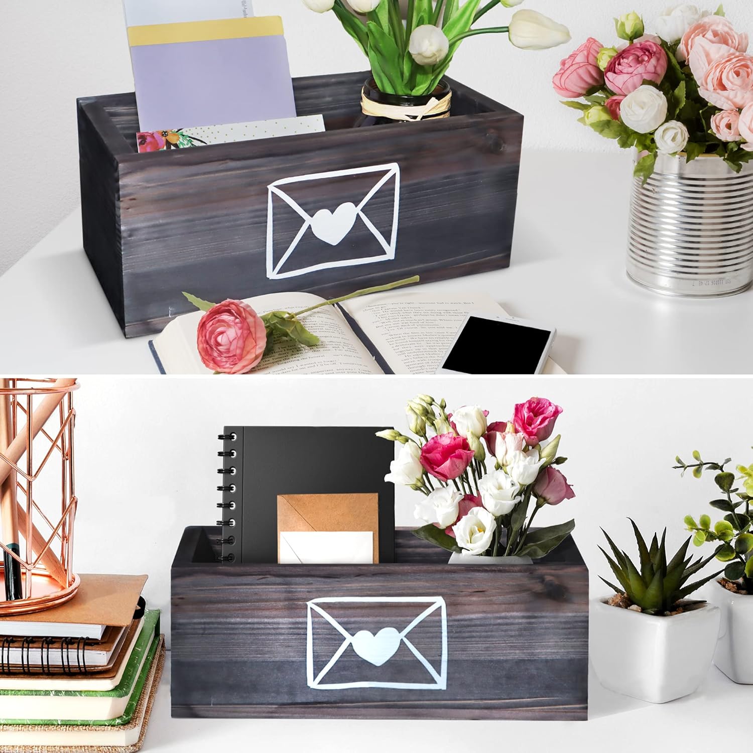 Wooden Mail Organizer Letter Holder Box - Rustic Mail Holder for Countertop, Bill Coupon Envelope Storage Mail Basket for Home Office Decor, Farmhouse Desk Organizer Mail Sorter (Grey) : Office Products