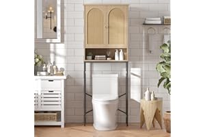 FiveWillowise Rattan Toilet Storage Cabinet, Over The Rack Wood Cabinet with Metal Stand, Bathroom Organizer with Adjustable Shelf, Tall Freestanding Washer Shelf, Small Cupboard, Natural