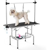 Lyromix 36'' Foldable Dog Grooming Table with Arms/Nooses/Mesh Tray, Black | Stainless Steel Grooming Table for Dogs at Home, Adjustable Pet Bathing Station, Non-Slip Waterproof Tabletop, Capacity 330Lb