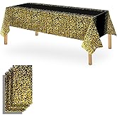 OQOQ Gradient Dots Tablecloth (3 Pack, Black&Gold) - 54x108 Inches New Year Disposable Plastic Golden Table Cloth for Birthday Anniversary Graduation Party Decorations Supplies