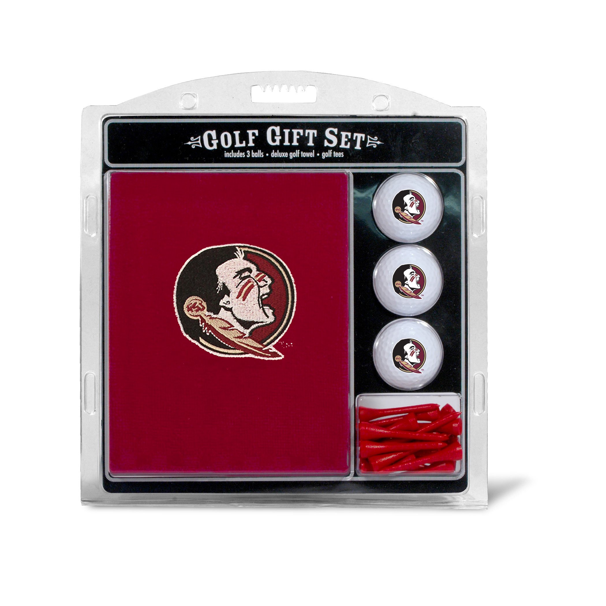 Team Golf NCAA Florida State Seminoles Gift Set: Embroidered Golf Towel, 3 Golf Balls, and 14 Golf Tees 2-3/4" Regulation, Tri-Fold Towel 16" x 22" & 100% Cotton