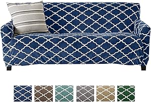 Great Bay Home Modern Velvet Plush Sofa Slipcover. Strapless One Piece Stretch Couch Cover. Sofa Cover for Living Room. Magnolia Collection Slipcover. (Sofa, Navy)