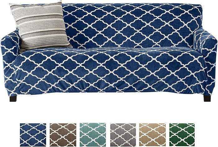 Great Bay Home Modern Velvet Plush Sofa Slipcover. Strapless One Piece Stretch Couch Cover. Sofa Cover for Living Room. Magnolia Collection Slipcover. (Sofa, Navy)