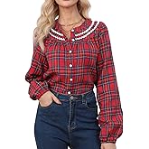 Womens Long Sleeve Plaid Shirt Button Down Tartan Blouses Christmas RIC Rac Collared Checkered Fall Winter Tops