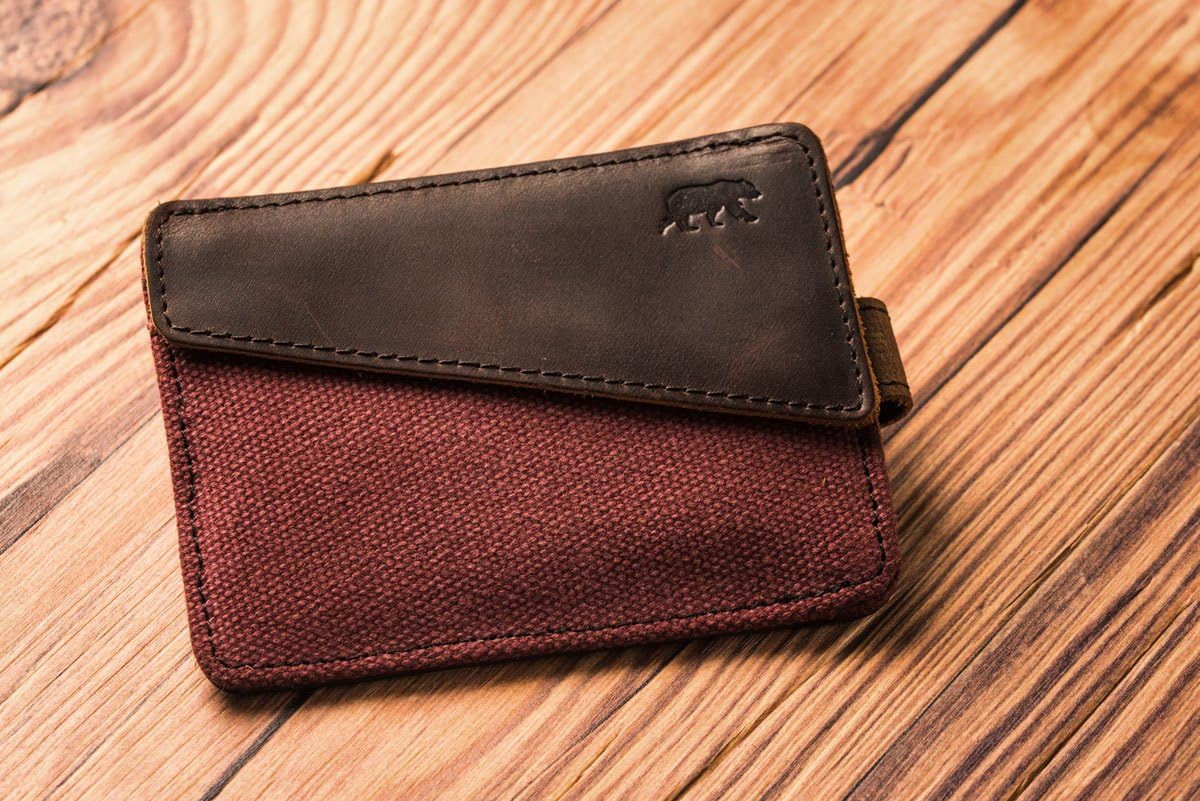 Slim Wallet Mens Handy®- Pull Out System - Leather and Canvas Coton - Card Holder and Coins Pocket (Burgundy) - Image 4