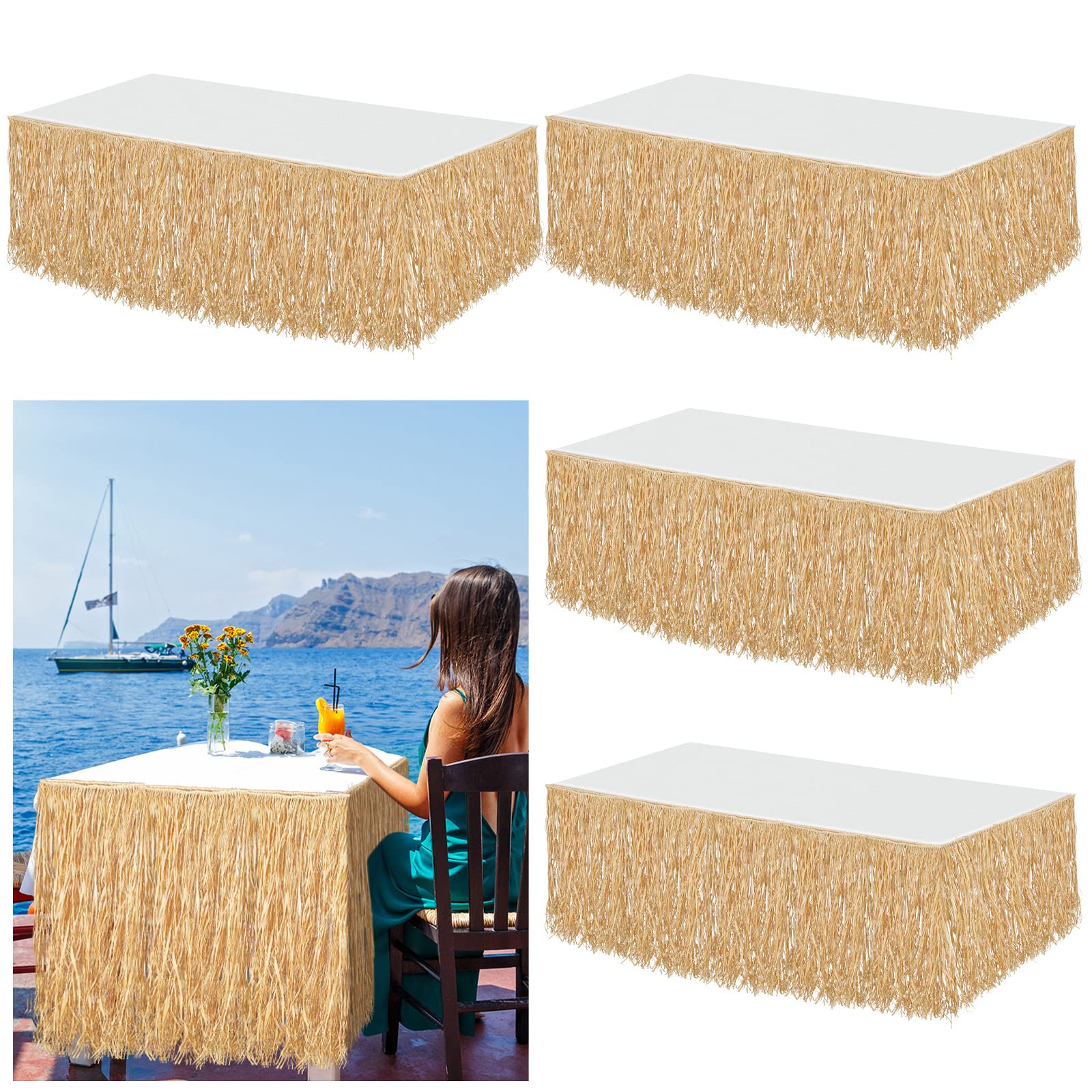 Photo 1 of Tatuo Natural Raffia Table Skirt Luau Hawaiian Skirt Table Grass Beach Fringe Decoration for Tropical Birthday Party Tiki Bar, Chair, Deck, Luau Tropical Hawaiian Party (4 Pack, 108 x 30 Inch)