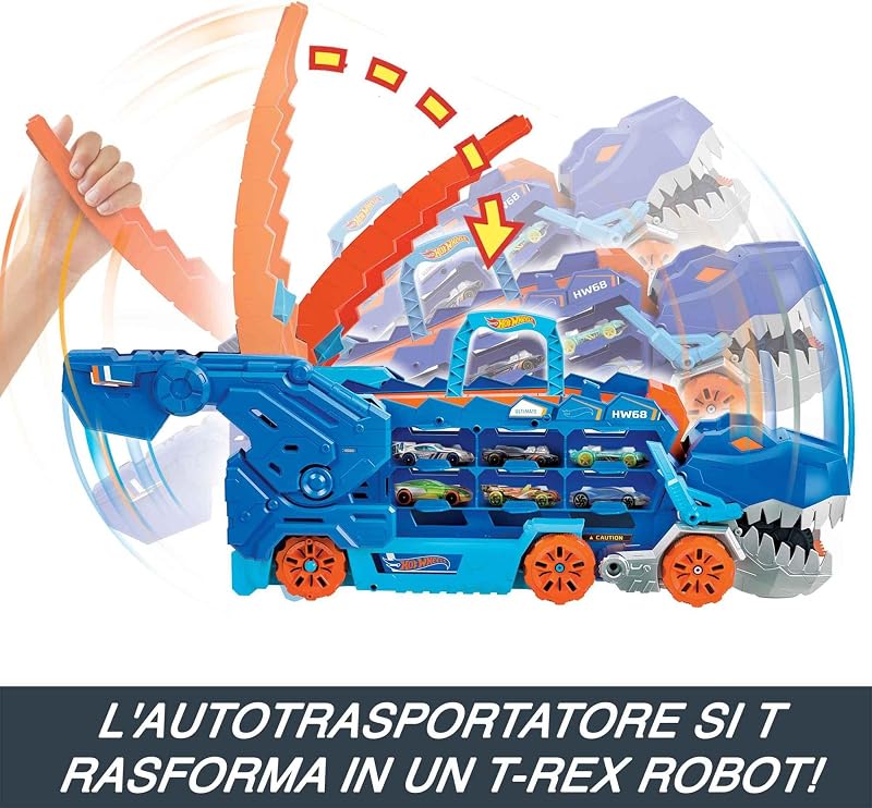 ​Hot Wheels City 'Let's Race' Netflix - Mega Dino Trasportatore, pista da corsa che si trasforma in un T-Rex, playset con luci e suoni, box per riporre 20 macchinine in scala 1:64, 4+ anni, HNG50