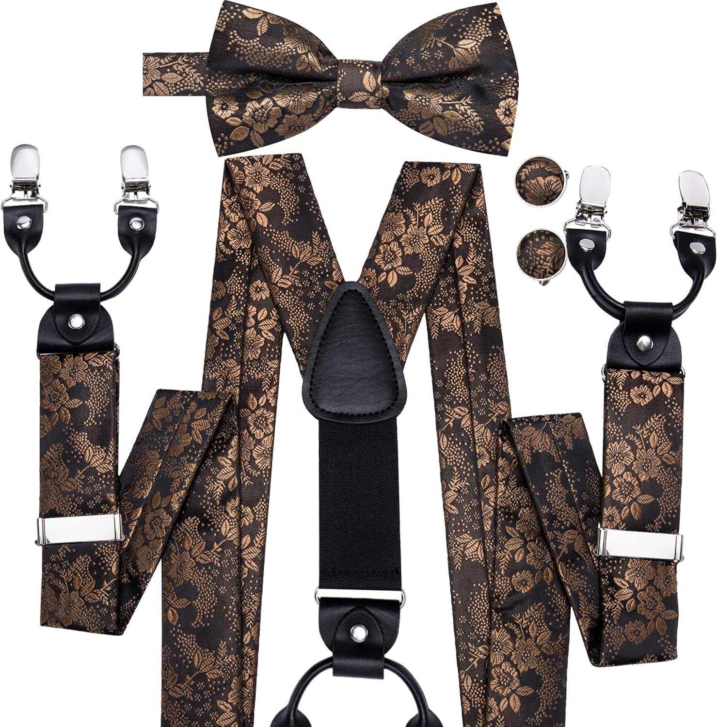 HiTie 1920s Suspenders for Men with Brown Floral Bowtie