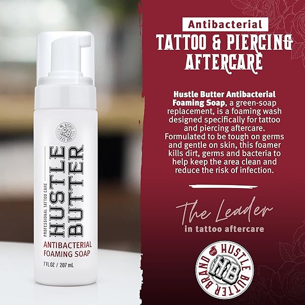 HUSTLE BUBBLES TATTOO AFTERCARE SOAP – ANTIBACTERIAL CLEANSER TO CLEAN NEW TATTOOS & PIERCINGS – ESSENTIAL BODY ART SUPPLIES 7OZ