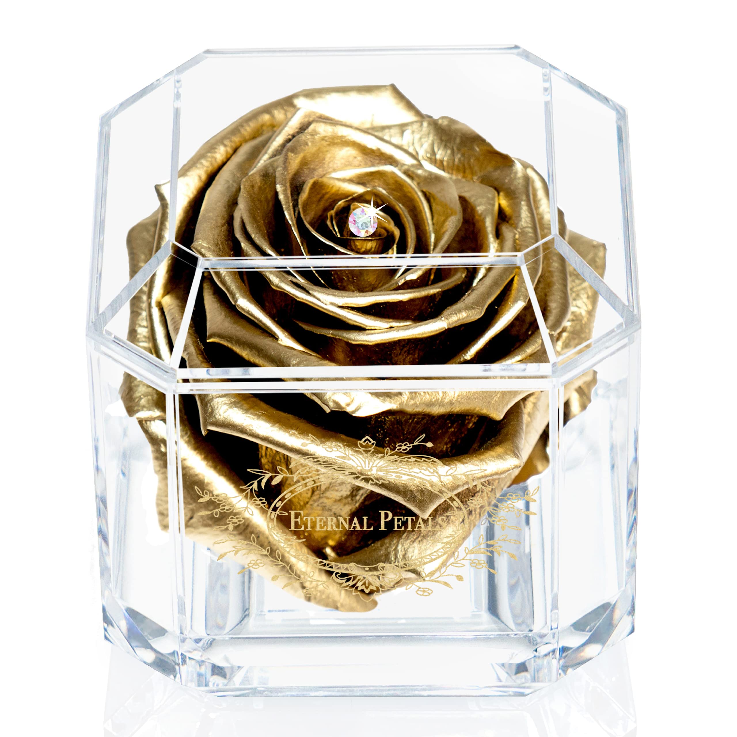 A 100% Real Rose That Lasts Years - Eternal Petals, Handmade in UK – Gold Solo with A Multicolour Crystal (Gold)