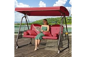 Yalissey 3 in 1 Outdoor Porch Swing with Adjustable Canopy, 3 Seat Outdoor Swing for Adults, Patio Swing Chair with Thickened Cushions,Pillows & Cup Holders for Backyard, Porch, Garden (Wine Red)