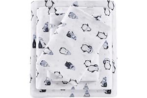 Intelligent Design Cozy Soft 100% Cotton Flannel Print Animals Stars Cute Warm, Ultra Soft Cold Weather Sheet Set Bedding, Twin, Blue Penguins 3 Piece