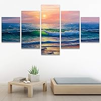 SIGNWIN 5 Panel Canvas Wall Art Sea Wave on The Beach at Sunset Time for Home Decorations Ready to Hang - 60