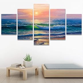 SIGNWIN 5 Panel Canvas Wall Art Sea Wave...