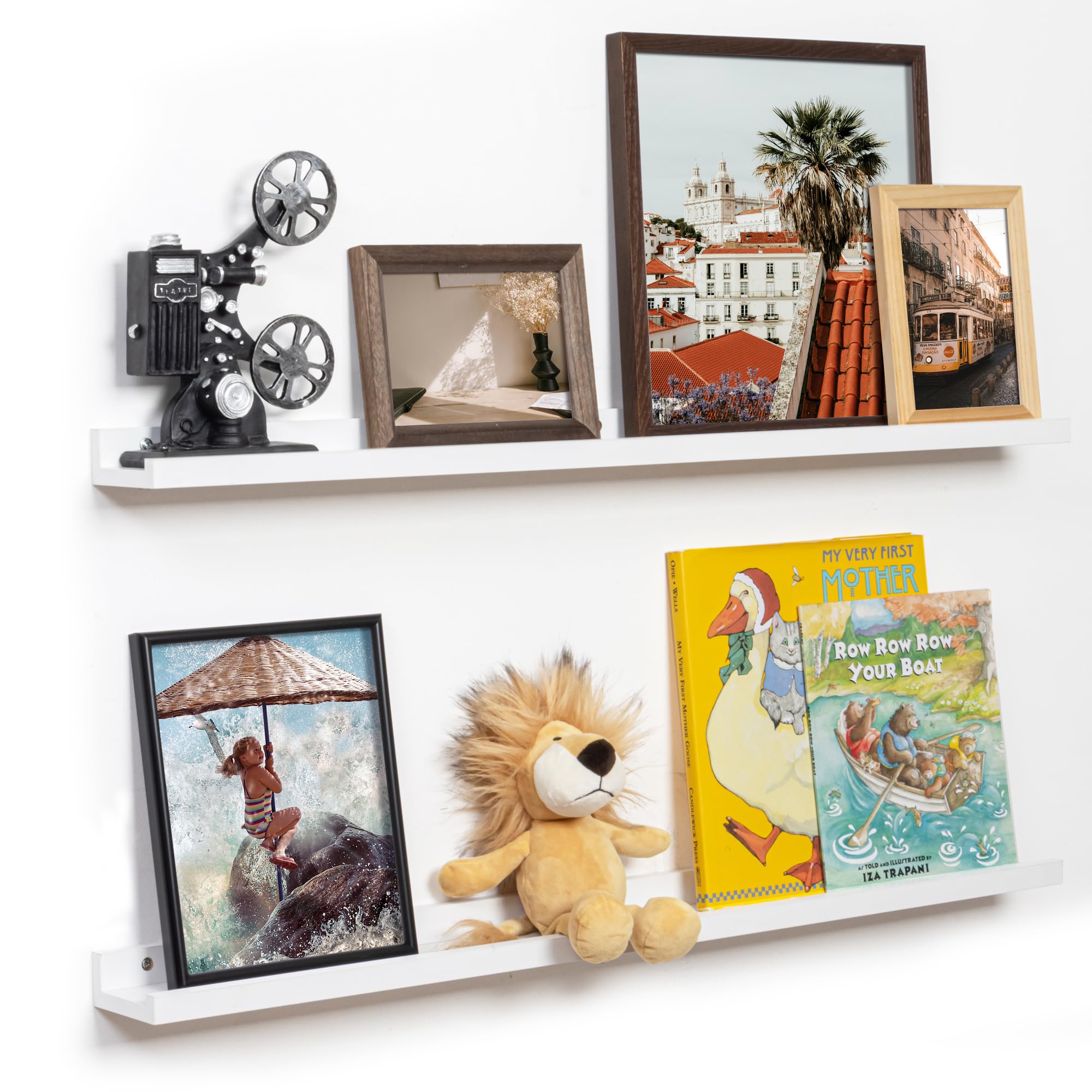 Fun Memories Picture Ledge Shelf, 32 Inch Floating Shelves Set of 2, Large Nursery Book Shelves for Toys Storage, Kids Bookshelf Wall Mounted for Wall Decor Books Photo Frames, White