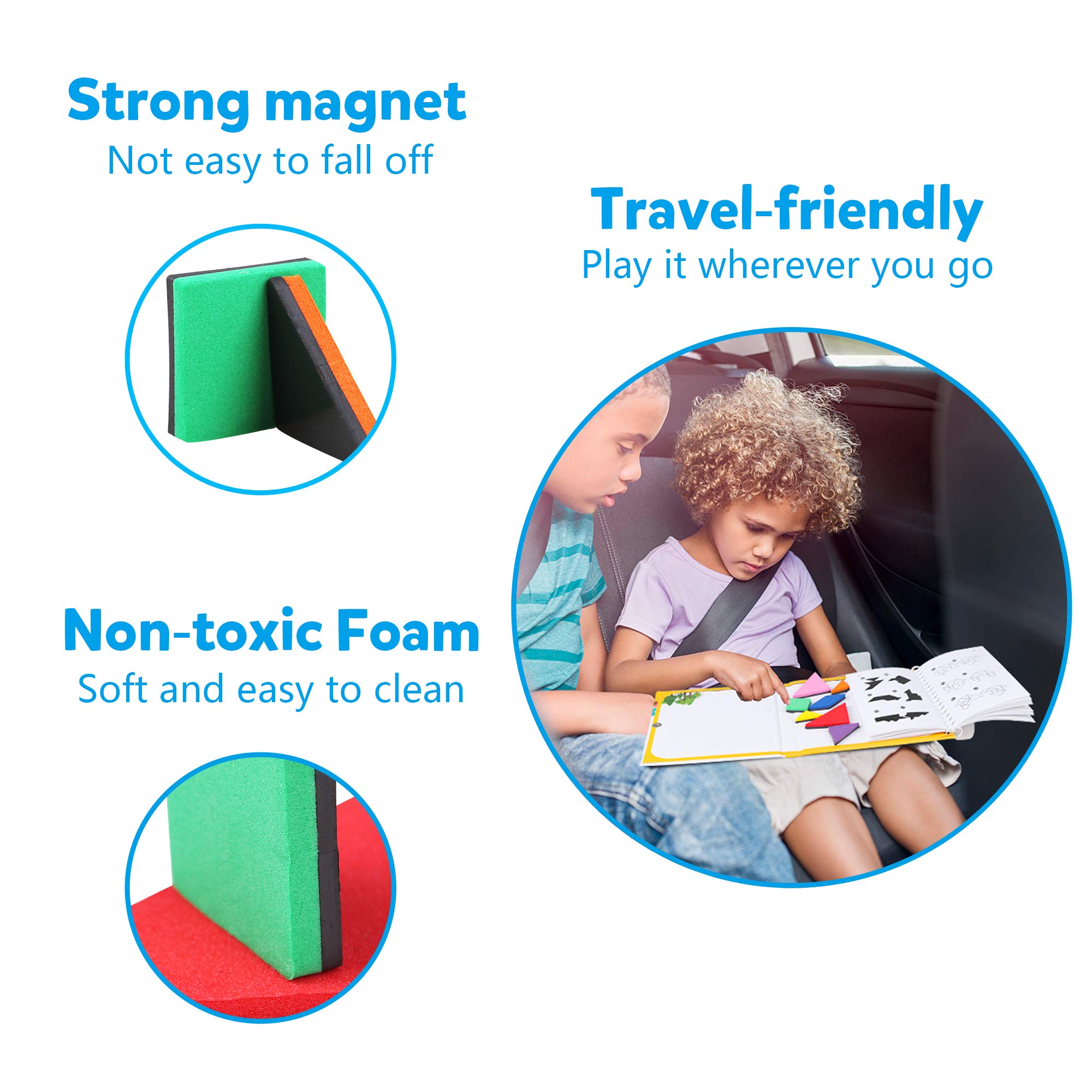 Vanmor Travel Tangram Puzzle - 3 Sets of Magnetic Tangram with 240 Solution - Montessori Shape Pattern Blocks Jigsaw Road Trip Games IQ Book Educational Toy Brain Teaser Gift for Kids Adults Challenge