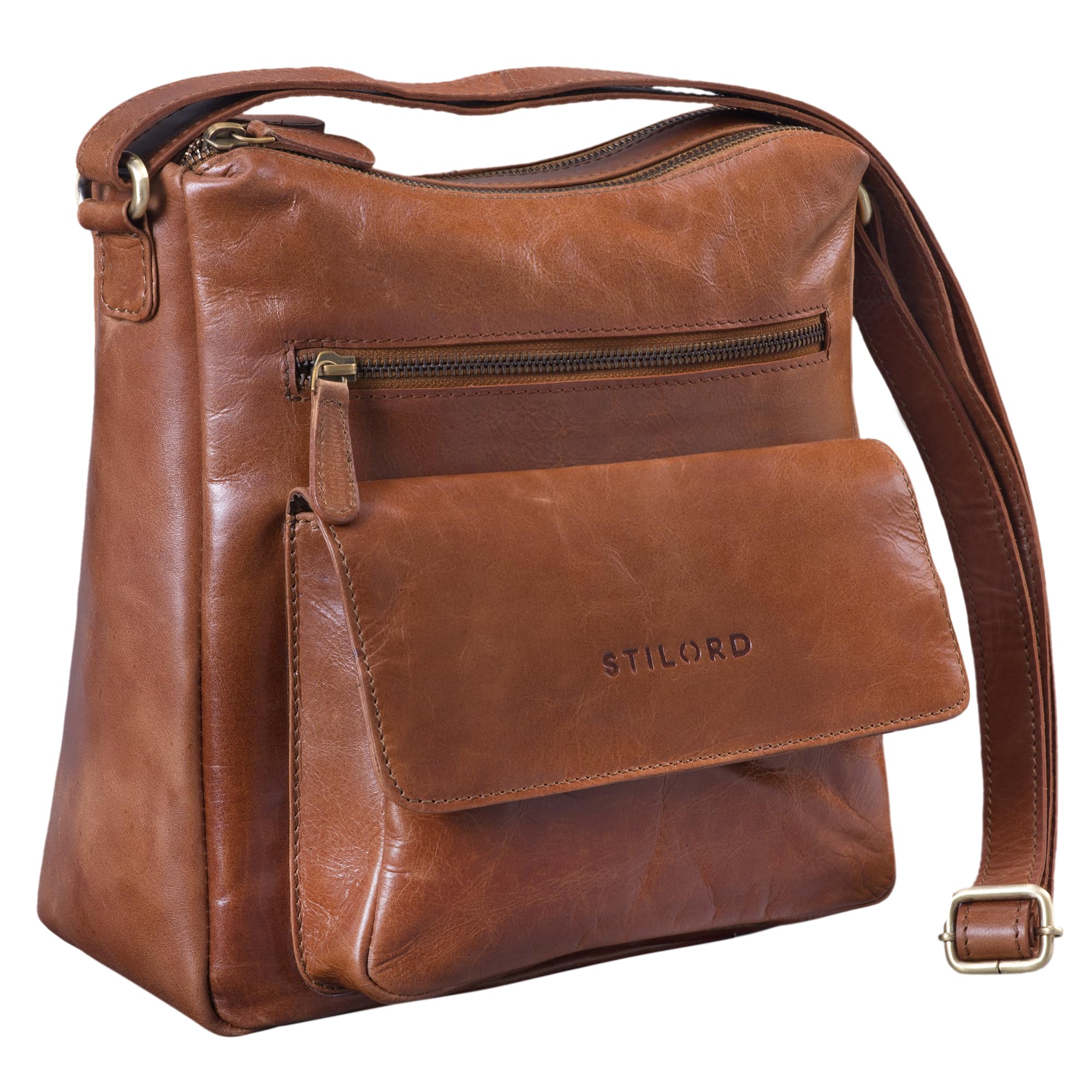 STILORD "Mira" Vintage Shoulder Bag 12.2 pouces Women/Handbag Leather/Evening Tote Genuine Leather Colour:Shiny Cognac Brown