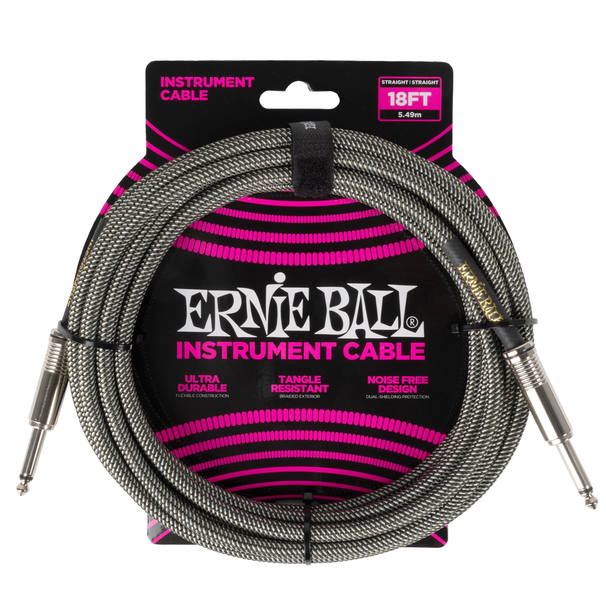 Ernie Ball Braided Instrument Cable Straight/Straight 18ft - Silver Fox (P06433) Image