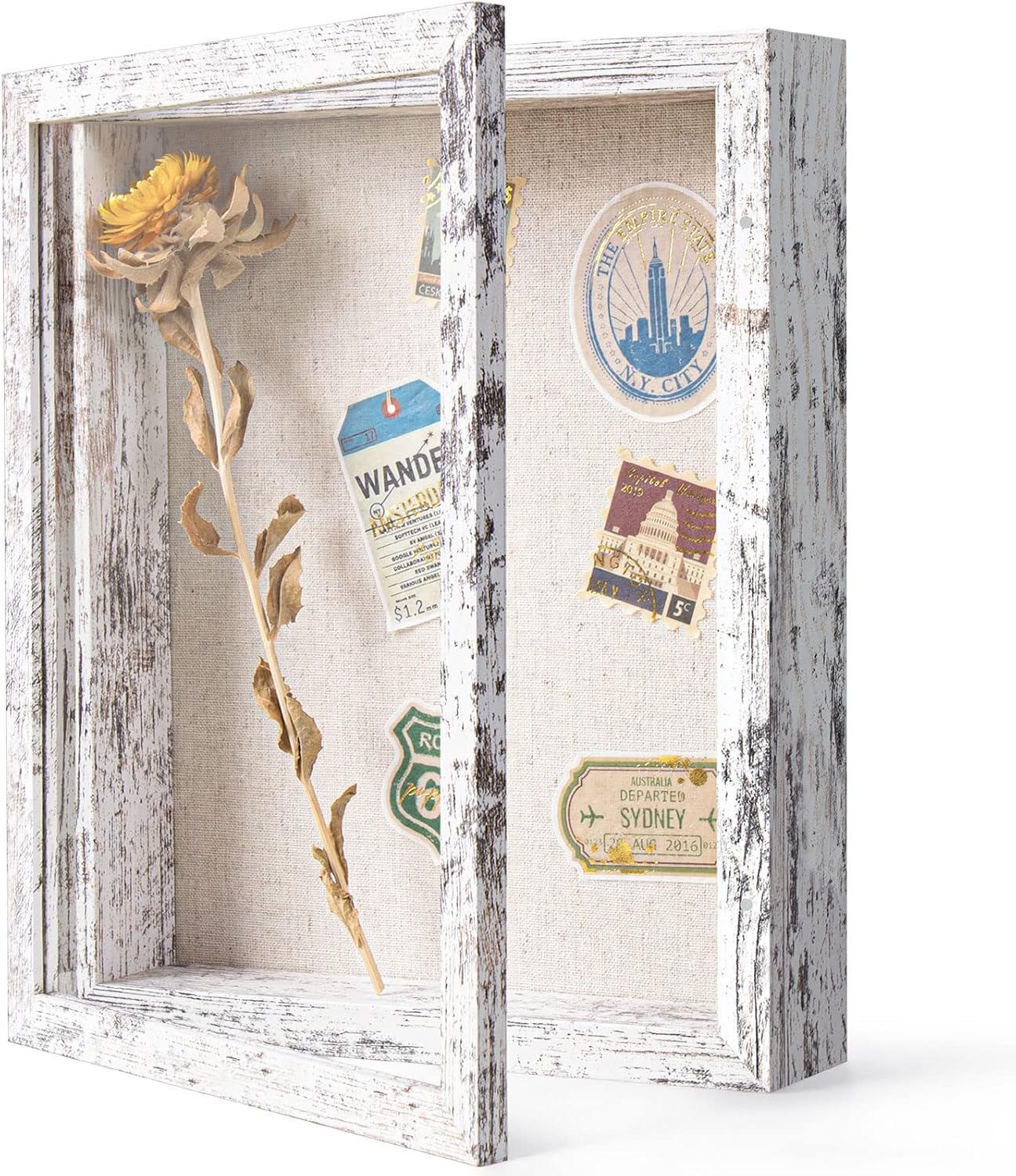 Photo Albums, Frames & Accessories - Califortree 8x10 Shadow Box Frame with Linen Back - Sturdy Rustic Memory Display Case of Flower, Pictures, Medals and More, Distressed White