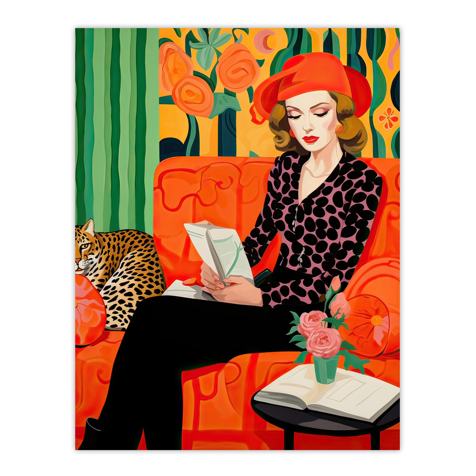 Artery8 Retro Chic Oil Painting Orange Green Lounge Portrait Woman and Leopard on Couch Extra Large XL Wall Art Poster Print