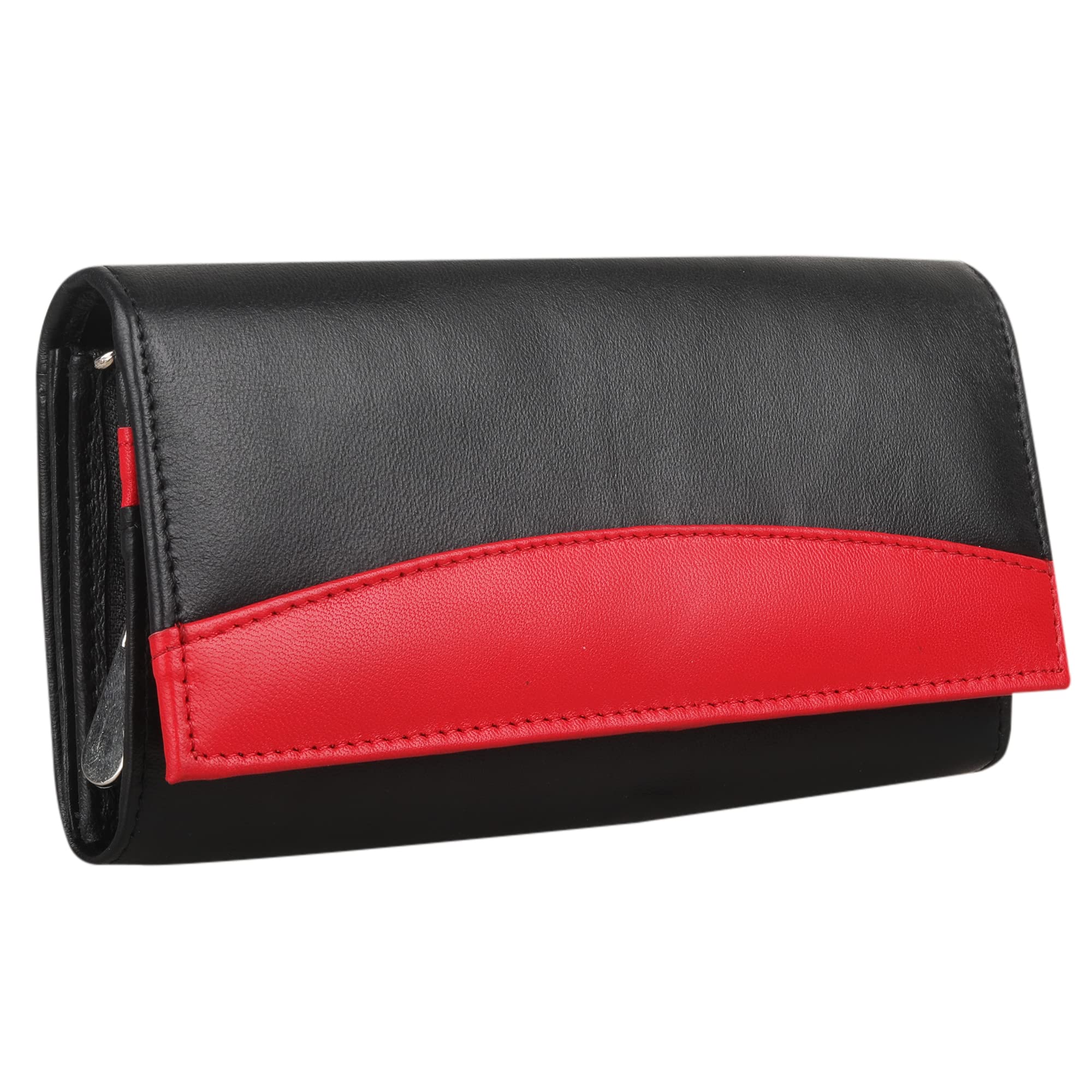 STARHIDE Ladies Purse, RFID Protected Women's Wallet, Genuine Soft Real Leather Card Holder, Id Pocket Long Flap Over Purse, Antitheft Security Wallet 370 Black Red