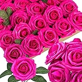 25pcs Hot Pink Artificial Flowers Fuchsia Foam Fake Rose with Stems 8 Leaves Real Looking Faux Dark Pink Roses for Wedding Bouquets Bridal Shower Centerpieces Arrangements Party Tables Decorations