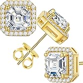 Gold Moissanite Earrings Asscher Stud 1 Carats Square Halo Moissanite Stud Earrings, D Color VVS1 Simulated Diamond 925 Sterling Silver Earrings For Women Men