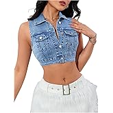 WDIRARA Women's Button Down Denim Vest Sleeveless Collared Crop Tank Top Western Jean Tops