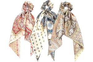 LFOUVRE Pack of 3 Girl's Knotted Retro Bow Hair Scrunchies Elastic Bohemia Hair Scarf Paisley Ribbon Hair Ties Bands Satin hair accessories Scrunchy Ponytail Holder for Women (Paisley)