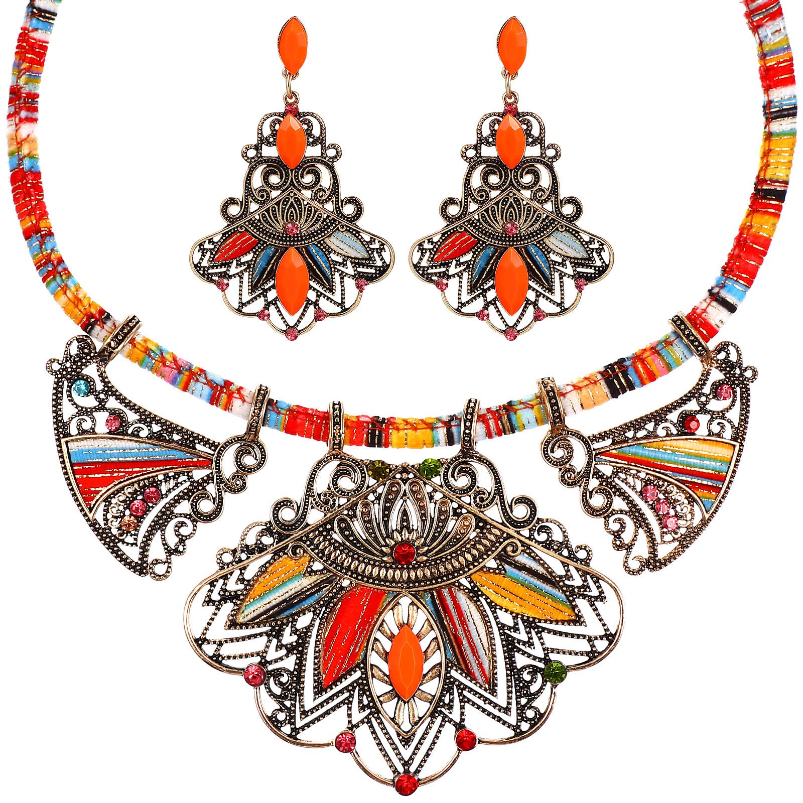 Vintage Bohemian Jewelry Set Jewellery Set Boho Bib Necklace Resin Earrings National Style Costume Jewellery for Women Statement Necklaces
