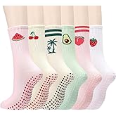 Cutecrop 6 Pairs Cute Pilates Socks with Grip for Women Gifts Fruit Pink Yoga Non Slip Cotton Barre Crew Socks for Christmas Workout Athletic Hospital Ballet Gifts
